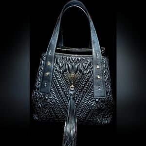 Valentino Orlandi Black Textured Shoulder Bag with Gold Details